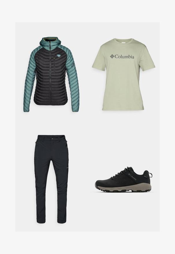 Dynafit RADICAL HOOD JACKET - Pūkinė striukė - atlantic; Šviesiai žalia medvilninė marškinėliai su apvaliomis apykaklėmis, trumpomis rankovėmis ir tamsiai pilku „Columbia“ logotipu priekyje. Lygi tekstūra.; Juodi lauko kelnės su tiesiu siluetu, turinčios užtrauktukų kišenes, diržo kilpas ir lengvą, patvarią audinio tekstūrą.; Juodas žygio batukas su lygiu viršumi, perforuotu dizainu, pilku padu ir sustiprintu kulnu. Yra raišteliai ir kilputė, skirta patogiam užsivilkimui.