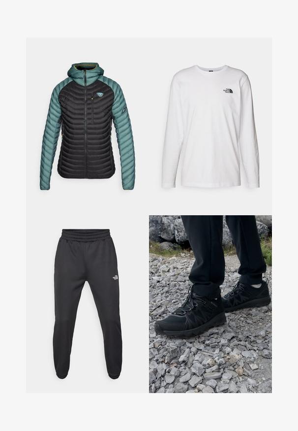 Dynafit RADICAL HOOD JACKET - Daunenjacke - atlantic; Weißes langärmliges T-Shirt aus Baumwolle mit Rundhalsausschnitt. Verfügt über ein kleines schwarzes Logo auf der Brust. Glatte Textur, reguläre Passform.; Schwarze Jogginghose mit verstellbarem Bund, schlanker Passform, elastischen Bündchen und einem kleinen weißen Logo am linken Oberschenkel, hergestellt aus glattem Stoff.; Schwarze Outdoor-Schuhe aus Mesh und synthetischem Material, mit einer strukturierten Oberseite, gesichertem Schnürsystem und griffiger Laufsohle, auf felsigem Gelände.