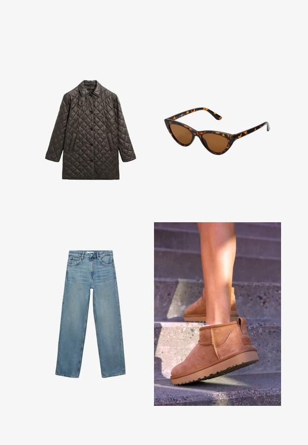 Quiltet brun overtøjsjakke med krave, frontknaplukning, to sidelommer og en løs pasform.; Beige rullekrave sweater lavet af blødt stof, med ribbet krave og kanter, afslappet pasform og lange ærmer. Glat tekstur, minimal design.; Lyseblå denim jeans med lige ben, høj talje, fem lommer og kontraststing. Ingen dekorationer eller mønstre er til stede.; Tan ruskind ankelstøvler med en blød tekstur, stikninger og en gummisål, der har en løkkehælkappe for nem på- og aftagning.; Kat-ejede solbriller med en sort og orange skildpaddemønstret stel, brune linser og slanke, spidse ender. Har et minimalistisk logo på skabelsen.