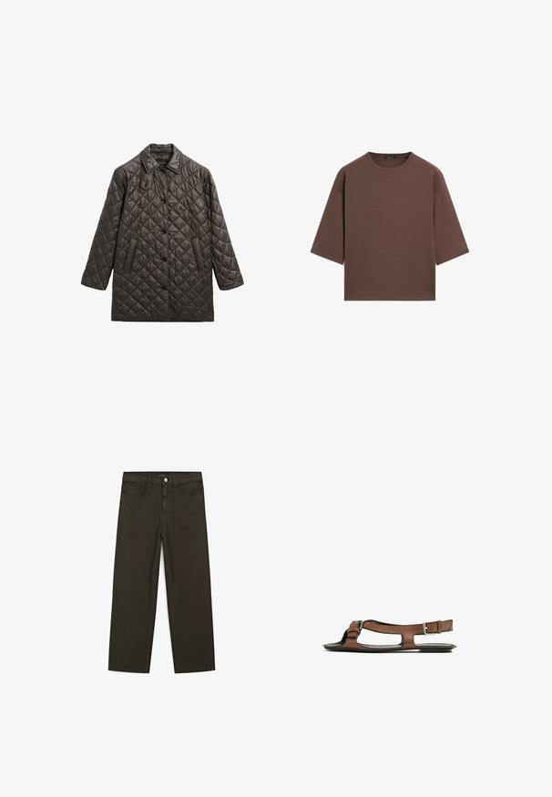 Quiltet brun overtøjsjakke med krave, frontknaplukning, to sidelommer og en løs pasform.; Brun cropped t-shirt med rund halsudskæring, korte ærmer og en blød tekstur. Designet med en afslappet pasform og minimal detaljering.; Mørkegrønne brede jeans lavet af en bomuldsblanding, med en frontlukning med knap, fem lommer og klassisk denim-syning.; Brune lædersandal med åben tå og udskæringer på siden. Har en ankelrem med en metalspænde og en flad sål.