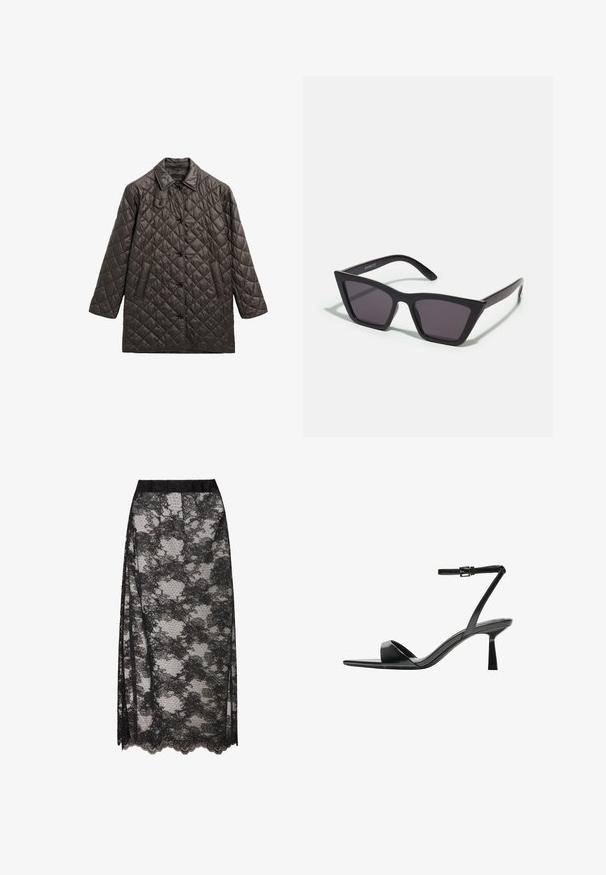 Quiltet brun overtøjsjakke med krave, frontknaplukning, to sidelommer og en løs pasform.; Sorte ribbede turtleneck top, korte ærmer, tætsiddende design, blød tekstur, minimale sømme og en høj krave.; Sort blondekjole med en scalloperet kant, der har et blomstermønster og en gennemsigtig tekstur. Elastisk talje for komfortabel brug.; Bershka Højhælede sandaletter / Højhælede sandaler - black; Sorte, kantede solbriller med grå linser; lavet af plast, med tykke stænger med en glat overflade og ingen synlig hardware.