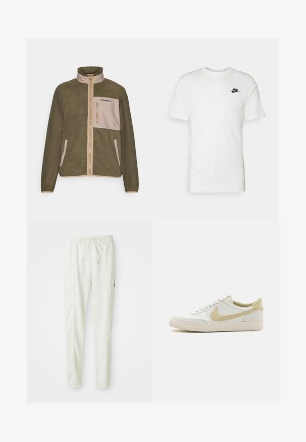 Giacca in fleece verde oliva con pannello frontale beige, chiusura con zip, colletto alto e logo nero sulla tasca del petto; tessuto testurizzato.; Maglietta bianca in cotone con maniche corte, scollo rotondo e logo Nike nero sulla parte sinistra del petto. Tessuto liscio e vestibilità classica.; Pantaloni jogger slim-fit bianchi con vita elasticizzata e cordino, caratterizzati da dettagli sulle cuciture laterali e un piccolo patch nero sulla gamba destra.; Sneaker in pelle bianca con suola avorio, accenti beige chiaro e superficie testurizzata. Presenta lacci centrali e un logo laterale ben visibile.