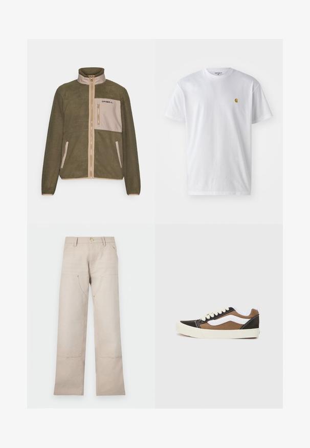Alyvuogių žalios spalvos fliso striukė su smėlio spalvos priekinės dalies panele, užtrauktuko uždarymu, aukštu apykakle ir juodu logotipu ant krūtinės kišenės; struktūruota medžiaga.; Balta medvilnės marškinėliai su trumpomis rankovėmis, apvalia iškirpte, kuriuose kairėje krūtinės pusėje yra mažas auksinis logotipas. Minkšta tekstūra ir reguliari forma.; Bežiniai medvilniniai džinsai tiesaus kirpimo, su dviem priekinėmis kišenėmis ir dviem užtrauktukų akcentais. Pabrėžti auksinės spalvos detalės.; Juodi ir rudi sportbačiai su baltais akcentais, pagaminti iš kanapių medžiagos, žemo profilio dizainas, apvalus pirštas ir smėlio spalvos guminis padas. Savybė - kontrastinga siuvimas.