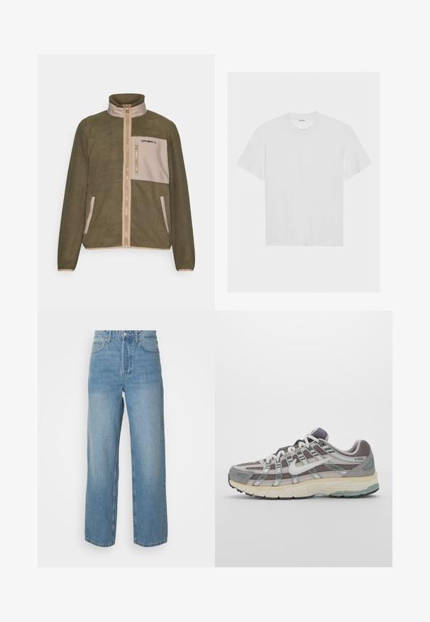 Olive green fleece jacket with a beige front panel, zip closure, high collar, and black logo on the chest pocket; textured fabric.; White cotton t-shirt with short sleeves, crew neck, and a relaxed fit. Smooth texture and no visible patterns or accents.; Light blue denim jeans with a high waist, wide-leg design, and a subtle faded texture. Features front pockets and a zip fly closure.; Gray athletic shoe featuring a mesh and suede upper, white accents, a cushioned sole, and a distinctive design with reflective elements.