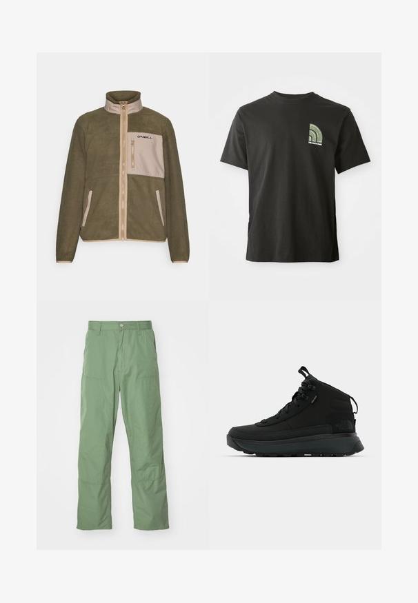 Giacca in fleece verde oliva con pannello frontale beige, chiusura con zip, colletto alto e logo nero sulla tasca del petto; tessuto testurizzato.; Maglietta nera a maniche corte con colletto tondo, con un piccolo logo a quarto di cerchio verde e bianco e il testo "The North Face" sul lato sinistro del petto.; Pantaloni verdi chiaro, dal taglio morbido, caratterizzati da una superficie liscia, con tasche laterali e dettagli di cucitura in vista. A lunghezza intera con un design a gamba dritta.; Stivali da trekking neri a metà altezza con tomaia in tessuto testurizzato, punta rinforzata, sistema di serraggio sicuro e suola imbottita per una buona aderenza.