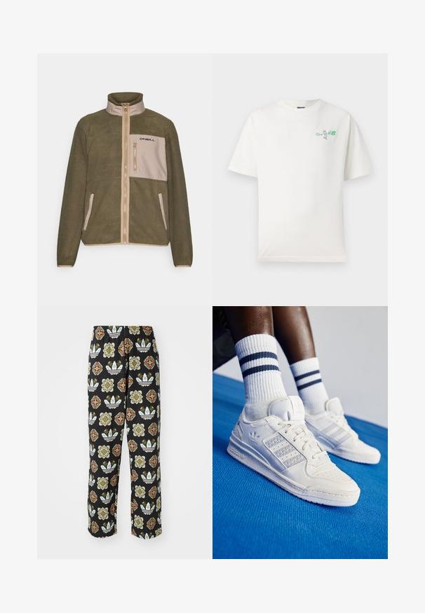 Olivaroheline fliiskampsun, millel on beež esipaneel, lukuga sulgemine, kõrge krae ja must logo rinna taskul; tekstuurne kangas.; Valge puuvillane t-särk ümmarguse kaelusega, lühikeste varrukatega ja rohelise graafikaga tennise mängijast vasakul rinnapiiril. Pehme tekstuur.; Mustad püksid, millel on keeruline mustrivalik erinevatest kujunditest, sealhulgas lillenaisad ja triibud oranži, rohelise ja valge värviga.; Valge nahast jooksujalatsid, millel on perforatsioonidega detailid, kolm metallilist triipu ja tekstureeritud külgpaneel. Kanna valgeid sokke, millel on sinised triibud.