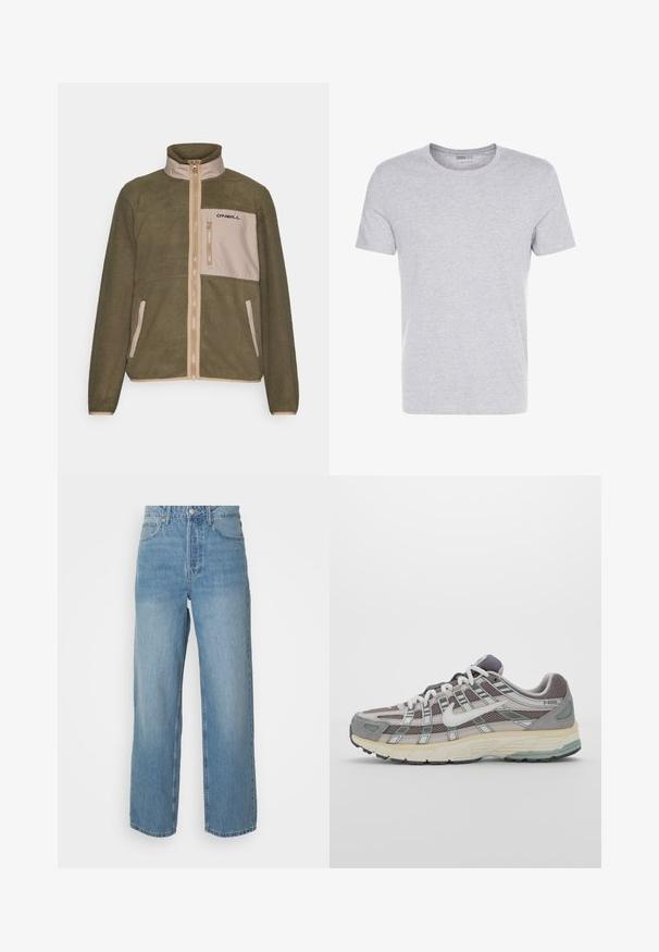 Olivově zelená fleecová bunda s béžovým předním panelem, zipem, vysokým límcem a černým logem na kapsičce na hrudi; texturovaná tkanina.; Šedé bavlněné tričko s kulatým výstřihem, krátkými rukávy a jednoduchým designem, má měkkou, hladkou texturu a žádné viditelné vzory ani ozdoby.; Světle modré džíny s vysokým pasem, rovnými nohavicemi, předním zapínáním na knoflík a pěti kapsami na jednobarevném pozadí.; Šedá sportovní obuv s vrchní částí z mikrovlákna a semiše, bílými akcenty, polstrovanou podrážkou a jedinečným designem s reflexními prvky.