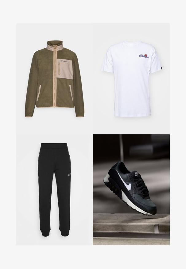 Giacca in fleece verde oliva con pannello frontale beige, chiusura con zip, colletto alto e logo nero sulla tasca del petto; tessuto testurizzato.; T-shirt bianca in cotone con maniche corte, caratterizzata da un logo ricamato blu navy sul lato sinistro del petto e un accento di colore vivace sopra il logo.; Pantaloni della tuta neri realizzati in un tessuto morbido presentano un design con gamba affusolata, vita elastica, tasche laterali con cerniera e un piccolo logo decorativo.; Sneaker nera e verde con una tomaia in rete a motivo, logo swoosh bianco, collare imbottito e un'unità di ammortizzazione visibile nella suola.