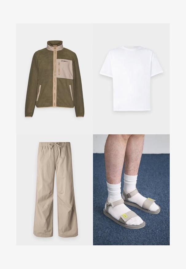Veste en polaire vert olive avec un panneau avant beige, fermeture éclair, col haut et logo noir sur la poche poitrine ; tissu texturé.; T-shirt en coton blanc à col rond et manches courtes. Texture lisse, coupe droite, sans motifs ni accents. Vue de dos uniquement.; Pantalons beiges à jambes larges avec une taille élastique et un cordon de serrage. Texture lisse, deux poches latérales et coutures minimales pour un ajustement décontracté.; Des sandales beiges à brides réglables, portées sur des chaussettes blanches. Les semelles sont plates avec un motif texturé. Sur fond de moquette bleue.