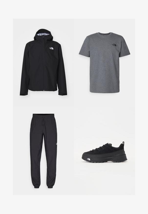 Čierna nepremokavá bunda s kapucňou, plný predný zips a elastické manžety. Obsahuje logo v hornej ľavej oblasti hrude.; Sivá bavlnená tričko s krátkymi rukávmi, okrúhlym výstrihom a čiernym logom potlačeným na hornej ľavej časti hrude. Mäkká textúra s voľným strihom.; Čierne športové nohavice vyrobené z ľahkej tkaniny, s elastickým pásom na šnurovanie, bočnými vreckami a zúženými manžetami na členkoch.; Čierne vonkajšie tenisky so zvrškom z semišu, štruktúrovanou gumovou podrážkou a pevným šnurovaním. Obsahujú vystužený opätok a logo značky na boku.