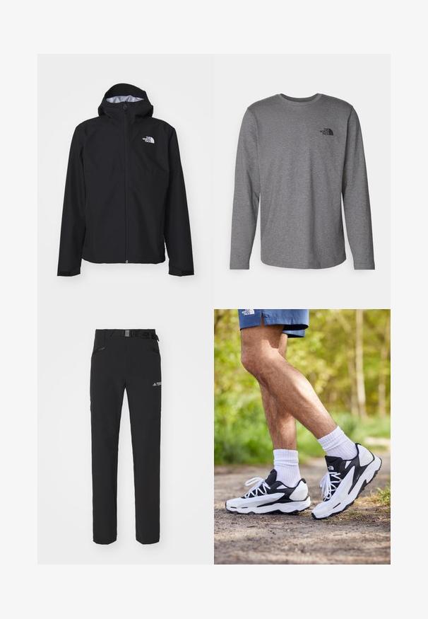 Czarna wodoodporna kurtka z kapturem, pełnym zamkiem błyskawicznym z przodu i elastycznymi mankietami. Zawiera logo na górnej części lewej klatki piersiowej.; The North Face - Bluzka z długim rękawem; Czarne spodnie na zewnątrz z gładkiego materiału, boczne kieszenie na zamek, wzmocnione partie na kolanach oraz regulowany pas z klamrą.; Czarno-białe buty sportowe z siateczkową cholewką, teksturowanymi akcentami i białymi sznurówkami. Noszone z białymi skarpetkami do kostek i granatowymi szortami na ścieżce.
