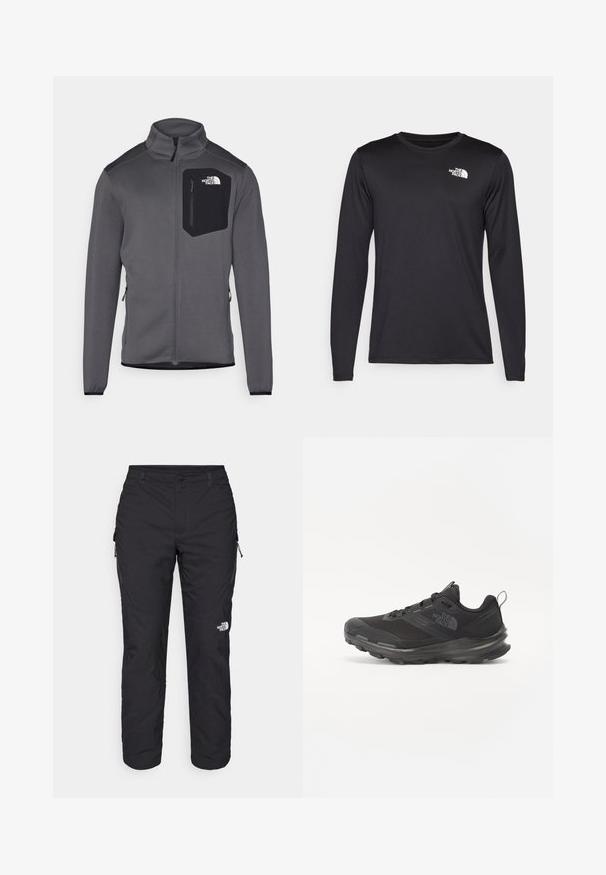 Graue Fleecejacke mit hohem Kragen, Reißverschluss vorne und schwarzer Brusttasche. Sie verfügt über elastische Bündchen und seitliche Reißverschlüsse zur Anpassung.; Langärmliges schwarzes Performance-T-Shirt aus leichtem Stoff, mit einem weißen Logo auf der oberen linken Brust. Glatte Textur.; The North Face WINTER EXPLORATION TAPERED CARGO - Outdoor-Hose - black; Schwarzer Sportschuh mit Mesh-Obermaterial, Gummisohle und gepolstertem Schaft. Verfügt über Schnürsenkel, Logo an der Seite und ein strukturiertes Design.