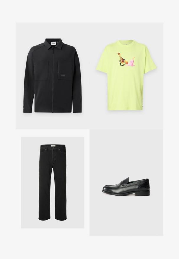 Černá lehká bunda se zipem vpředu, dvěma velkými kapsami na hrudi, límcem a decentním logem na obdélníkovém štítku. Hladký povrch.; Světle zelené bavlněné tričko s grafikou ptáka a růžovým zmrzlinovým kuželem, s jednoduchým kulatým výstřihem a krátkými rukávy.; Černé džíny rovného střihu mají klasický design se pěti kapsami, zapínání na knoflík, minimální švy a jemnou texturu.; Černé kožené mokasíny s hladkým povrchem, prošívanými detaily na svršku a mírně zvýšeným podpatkem.