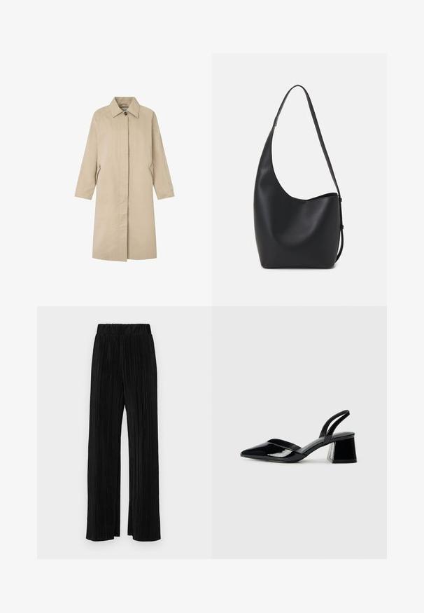 Svetlobežový kabát so štíhlym strihom, minimalistickým dizajnom, špicatým golierom, dlhými rukávmi a bočnými vreckami. Vyrobený z hladkej tkaniny.; Súprava dvoch dlhých rukávov v bielej a čiernej farbe. Žebrovaná textúra, okrúhly výstrih, priliehavý strih s mierne rozšírenými rukávmi.; Čierne plisované nohavice s elastickým pásom. Majú široké nohavice a hladkú, textúrovanú látku s vertikálnymi pruhmi.; Čierne lakované kožené sandálové podpätky s špicatou špičkou a geometrickým blokovým podpätkom. Disponujú elegantným, minimalistickým dizajnom a hladkým povrchom.; Čierna kožená hobo taška so hladkou textúrou, zakriveným tvarom a jedným nastaviteľným popruhom; má široké otvorenie na vrchu.