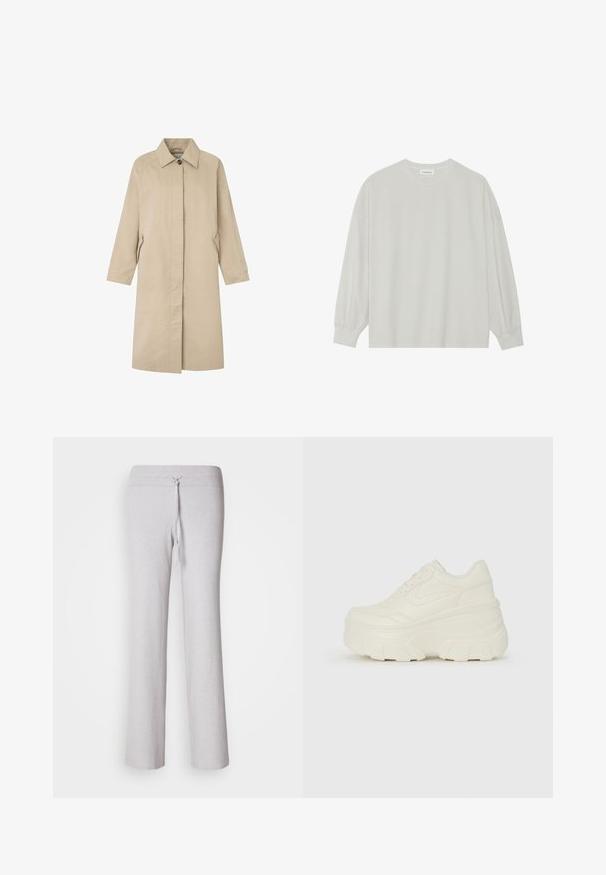 Cappotto beige chiaro con silhouette dritta, design minimalista, colletto a punta, maniche lunghe e tasche laterali. Realizzato in tessuto morbido.; T-shirt a maniche lunghe grigio chiaro realizzato in cotone morbido. Presenta una vestibilità ampia, scollatura rotonda e polsini delicatamente arricciati. Nessun motivo o grafica.; Pantaloni lounge di un grigio chiaro, in tessuto ribbato, con vita regolabile e design a gamba larga. Texture liscia, silhouette a lunghezza intera.; Sneakers bianchi con piattaforma, caratterizzati da una parte superiore simile alla pelle liscia, forma arrotondata, collo imbottito e suola in gomma testurizzata con scanalature ben definite.