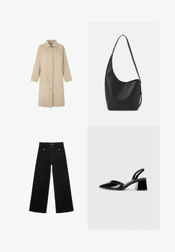 Ljus beige kappa med rak silhuett, minimalistisk design, spetsig krage, långa ärmar och sidofickor. Tillverkad av mjukt tyg.; Svart bomullströja med korta ärmar, med en liten rosa fjärilsgrafik på vänster bröst. Rundad halsdesign med en avslappnad passform.; Svart vida jeans med hög midja, med två framfickor och metalldetaljer i form av knappar. Tyget har en mjuk textur.; Svarta lackläder slingback klackar med spetsig tå och geometrisk klack. Har en elegant, minimalistisk design och slät yta.; Svart läder hobo-väska med en slät textur, kurvig form och en justerbar axelrem; har en bred öppning upptill.