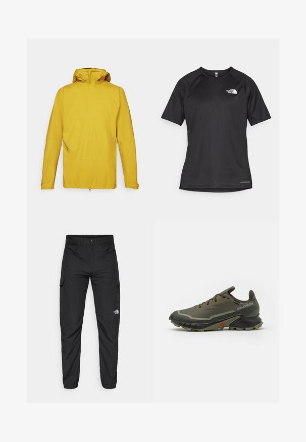 Veste imperméable jaune avec capuche, dotée de manches longues, d'une fermeture éclair à l'avant et d'une poche latérale inclinée pour le rangement. Texture lisse.; T-shirt de sport noir à manches courtes avec un tissu texturé, arborant un logo blanc sur la poitrine gauche et un ourlet droit.; The North Face HORIZON PANT - Pantalons outdoor - black; Baskets de course vert olive avec un dessus en tissu texturé, semelle en caoutchouc noire, bout arrondi et design à lacets ajustables. Présente un accent rouge.