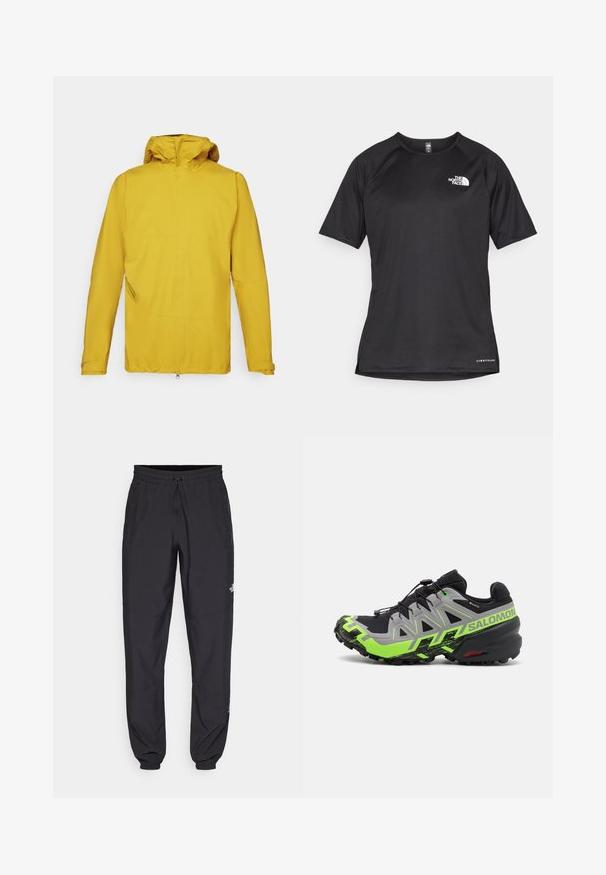 Chaqueta impermeable amarilla con capucha, que cuenta con mangas largas, un cierre frontal y un bolsillo lateral inclinado para almacenamiento. Textura suave.; Camiseta atlética corta negra de manga corta con una tela texturizada, que presenta un logo blanco en el lado izquierdo del pecho y un dobladillo recto.; Pantalones deportivos negros hechos de un tejido ligero, con una cinturilla ajustable, bolsillos laterales y puños ajustados en los tobillos.; Zapatilla de trail running negra y gris con detalles en verde brillante, que presenta una suela texturizada, un sistema de cordones avanzado y un diseño robusto.