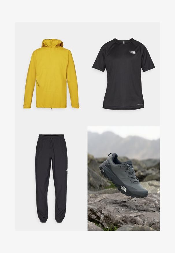 Žuta vodootporna jakna s kapuljačom, dugim rukavima, prednjim patentnim zatvaračem i koso postavljenim bočnim džepom za pohranu. Glatka tekstura.; Crna kratkotrajna atletska majica s teksturiranom tkaninom, koja ima bijeli logo na lijevom prsnom dijelu i ravni rub.; Crne sportske hlače od lagane tkanine, s pojasom na vezanje, bočnim džepovima i suženim manžetama na gležnjevima.; Sive trail trkačka cipela s teksturiranim gornjim dijelom, izdržljivom gumenom potplatom i ojačanim vrhom. Ima vezice i logotip branda sa strane.