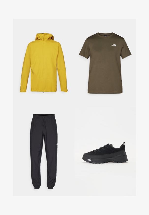Žlutá nepromokavá bunda s kapucí, s dlouhými rukávy, předním zipem a šikmou boční kapsou pro uložení. Hladký povrch.; Olivově zelené bavlněné tričko s krátkým rukávem, kulatým výstřihem a bílým logem na levé straně hrudi. Hladký textilní povrch, klasický střih.; Černé sportovní kalhoty vyrobené z lehké tkaniny, s páskem na šňůrku, bočními kapsami a zúženými manžetami na kotnících.; Černé venkovní tenisky s horní částí ze semiše, texturovanou gumovou podrážkou a pevným šněrováním. Obsahují zesílenou patu a logo značky na boku.