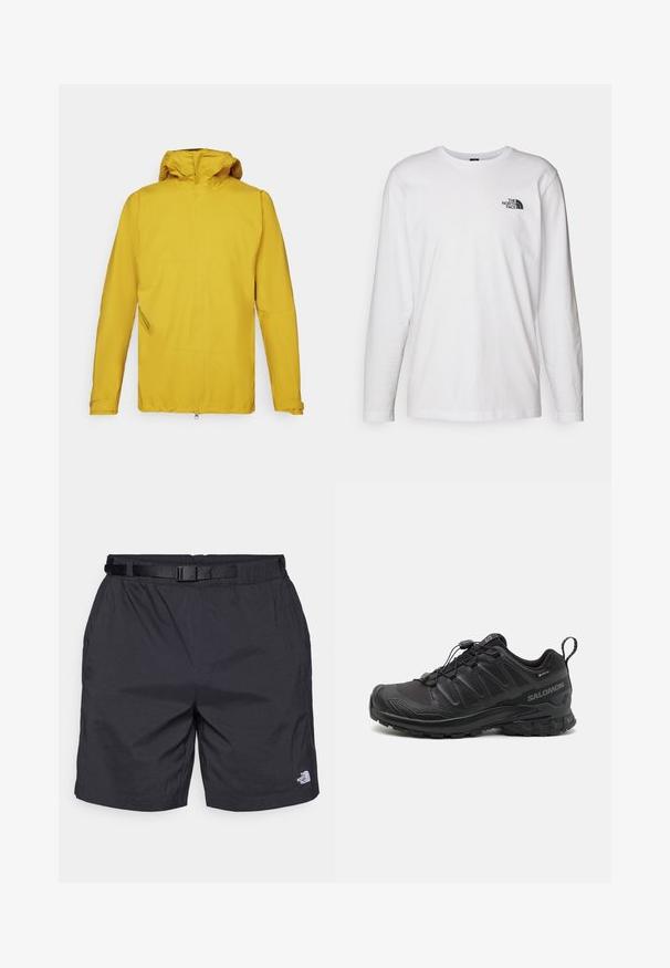 Gelbe wasserdichte Jacke mit Kapuze, langen Ärmeln, einem Vorderreißverschluss und einer schrägen Seitentasche zur Aufbewahrung. Glatte Textur.; Weißes langärmliges T-Shirt aus Baumwolle mit Rundhalsausschnitt. Verfügt über ein kleines schwarzes Logo auf der Brust. Glatte Textur, reguläre Passform.; Schwarze leichte Shorts mit lockerer Passform, ausgestattet mit einem verstellbaren Gürtel, Seitentaschen und dem North Face Logo am unteren rechten Bein.; Schwarzer Sportschuh mit einer strukturierten, synthetischen Oberseite, gepolsterten Sohle und einem schnellen Schnürsystem. Verfügt über eine verstärkte Zehen- und Fersenkappe.