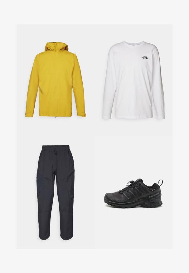 Yellow waterproof jacket with a hood, featuring long sleeves, a front zipper, and an angled side pocket for storage. Smooth texture.; White long-sleeve T-shirt made of cotton with a crew neck. Features a small black logo on the chest. Smooth texture, regular fit.; Black cargo pants made from a lightweight, water-resistant material; features elastic waistband, multiple zippered pockets, and tapered legs.; Black athletic shoe with a textured synthetic upper, cushioned sole, and a quick-lacing system. Features a reinforced toe and heel.