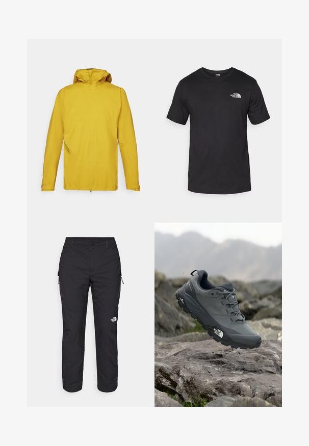 Sárga vízálló dzseki kapucnival, hosszú ujjaival, elülső cipzárral és ferde oldalsó zsebbel a tároláshoz. Simább textúra.; Fekete rövidujjú pamut póló, kerek nyakkivágással, a bal felső mellkason egy kis fehér logóval.; The North Face WINTER EXPLORATION TAPERED CARGO - Szabadtéri nadrágok - black; Szürke terepfutó cipő, texturált felsőrésszel, tartós gumitalppal és megerősített orr résszel. Fekete fűzők és márka logó a cipő oldalán.