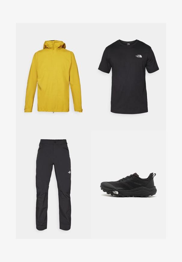 Giacca impermeabile gialla con cappuccio, presenta maniche lunghe, una zip frontale e una tasca laterale obliqua per riporre oggetti. Texture liscia.; T-shirt nera a maniche corte in cotone, con scollatura rotonda e un piccolo logo bianco nell'area superiore sinistra del petto.; Pantaloni da esterno neri con tasca frontale con zip, materiale sintetico, gambe affusolate e pannelli rinforzati sulle ginocchia. Presentano una chiusura con bottone.; Scarpa da trail running nera con tomaia texture, suola in gomma e punta rinforzata. Presenta un collare imbottito e un tassello per un indossamento facile.