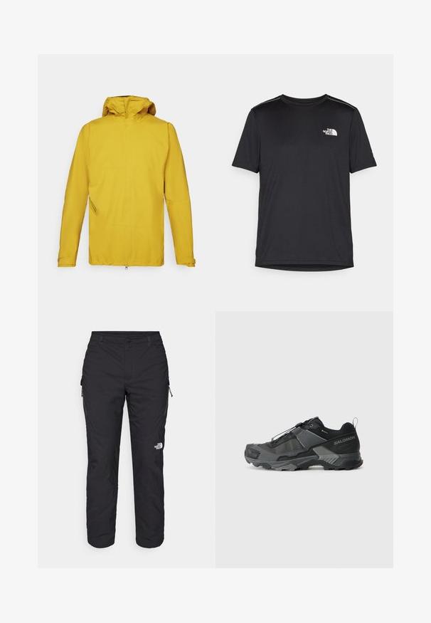 Yellow waterproof jacket with a hood, featuring long sleeves, a front zipper, and an angled side pocket for storage. Smooth texture.; Black short-sleeve T-shirt made from lightweight fabric. Features a small white logo on the left chest and subtle shoulder accents.; The North Face WINTER EXPLORATION TAPERED CARGO - Outdoor trousers - black; Black trail running shoe with a durable mesh upper, reinforced toe cap, textured rubber sole, and elastic lacing system for secure fit.