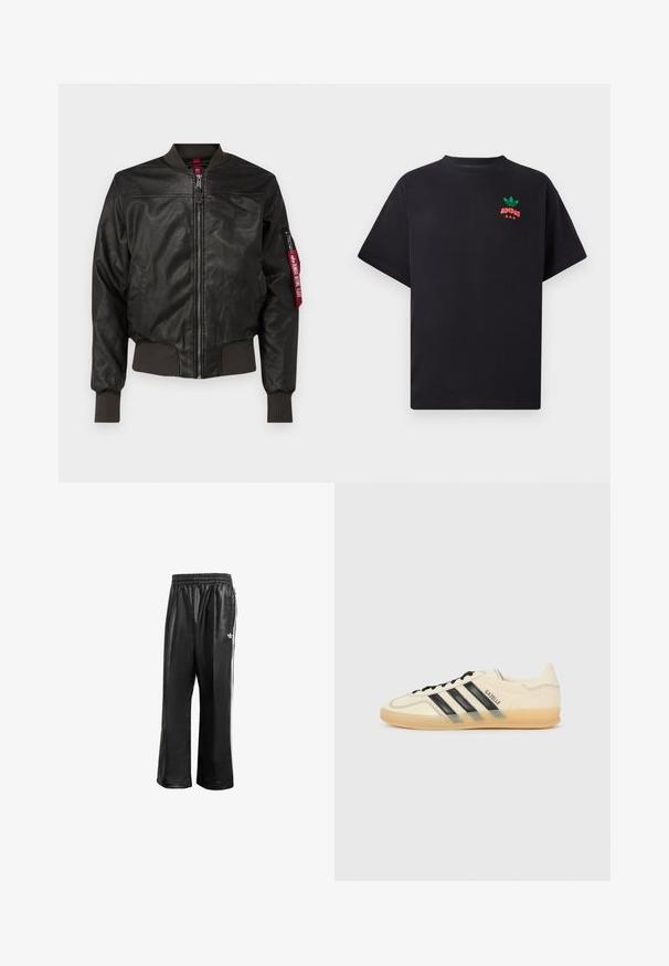 Casaco bomber de couro castanho escuro com punhos e bainha canelados, fecho na frente, dois bolsos laterais e uma etiqueta vermelha na manga esquerda.; T-shirt de algodão preta com mangas curtas, apresentando um design do logótipo da Adidas em verde e vermelho no peito. Ajuste simples e relaxado.; Calças de treino sintéticas pretas com um cós elástico, apresentando riscas laterais brancas e um pequeno logótipo branco no quadril esquerdo.; Sapatilhas de creme claro com design de três riscas pretas, parte superior texturizada, bico redondo e sola de borracha. Apresenta atacadores e uma marca na lateral.