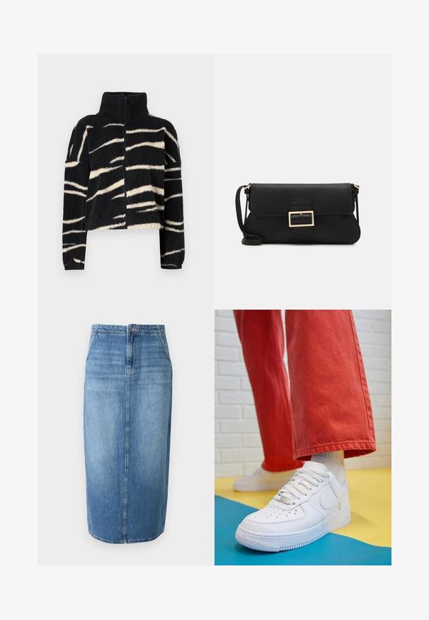 Melnā un krēma krāsā, pūkainā, ar rāvējslēdzēju, jaka ar augstu apkakli; ar drosmi viļņotas svītras un ribotām piedurknēm. Maiga tekstūra.; JDY JDYDINEA REVERSIBLE - Džemperis - fern; Gaiši zilā denima zīda svārki ar taisnu griezumu, priekšējo pogu aizdari un diskreto izbalējušu efektu. Malu garums ir nedaudz virs ceļgaliem.; Baltās ādas kedas ar perforētu purngalu, teksturētu zoli un baltām auklām, apvienotas ar platām sarkanām biksēm un zilu un dzeltenu fona.; Melnas ādas saķeres soma ar atloku un zelta metāla sprādzi. Ietver melnu siksnu un elegantu, minimālistisku dizainu.