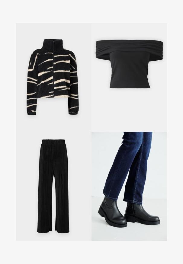 Casaco de fecho éclair preto e creme, fofinho, com uma gola alta; apresenta um padrão de riscas onduladas e ousadas e punhos canelados. Textura suave.; Top preto à altura dos ombros, com textura franzida na gola, mangas curtas e um design ajustado e cropped. Feito de material elástico.; Calças pregueadas pretas com uma cintura elástica. Apresentam pernas largas e um tecido liso, texturizado com riscas verticais.; Botas de tornozelo de couro preto com sola grossa e painéis elásticos laterais, combinadas com jeans azul escuro. O chão é de cor clara.