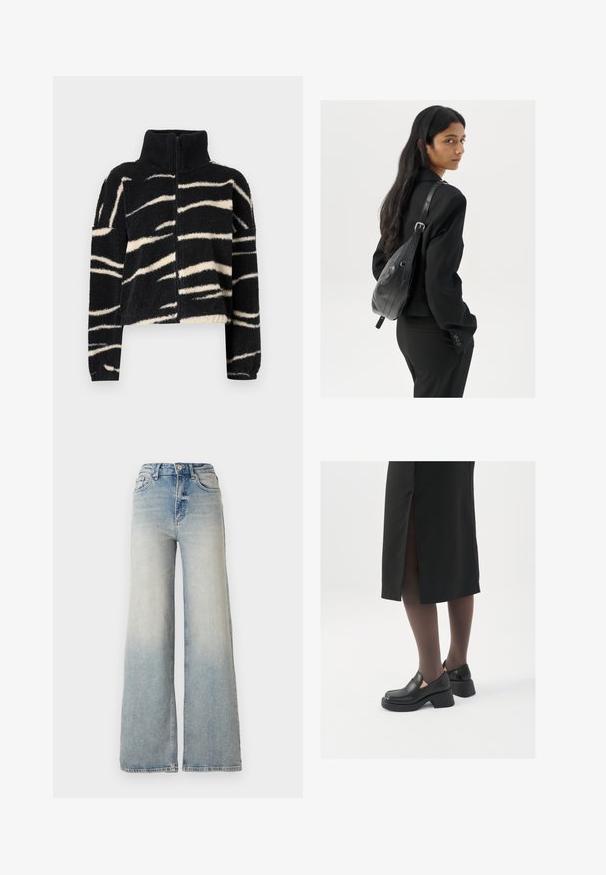 Črna in smetanasta, puhasta jakna s kokosom in visokim ovratnikom; značilna je po vzorcu drznych, valovitih črt in rebrastih manšetah. Mehka tekstura.; Bela brezrokavna majica iz rebraste tkanine, z zaobljenim izrezom in prilegajočim silhueto, z minimalnimi šivi in brez okraskov.; Svijetloplave široke traperice s visokim strukom, koje imaju pet džepova i vidljivo šivanje uz šavove.; Črne usnjene čevlje s zaobljenim prstom, debelim blokastim petama in elastičnimi stranskimi detajli, v kombinaciji s temno nogavicami in črno krilo z razporkom.; Ženska z dolgimi temnimi lasmi, oblečena v črn kostim, nosi črno usnjeno torbo čez ramo in se ozira čez ramo proti beli podlagi.