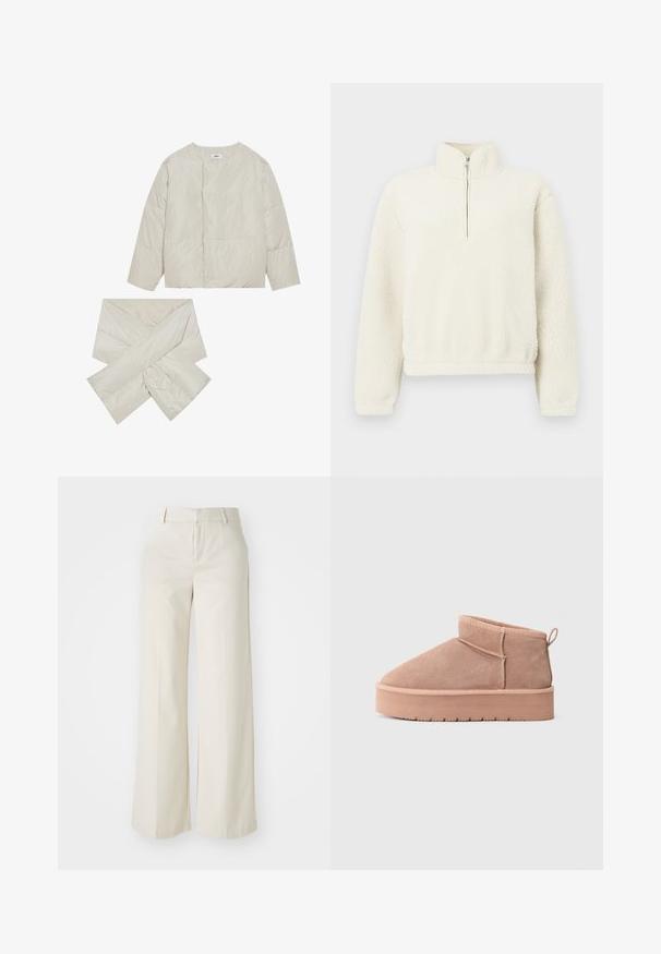 Veste beige matelassée avec un col rond, des manches longues et une écharpe assortie en forme de croix, fabriquée dans un tissu lisse et légèrement brillant.; Pull en polaire couleur crème avec un col haut et une fermeture éclair sur le devant. La texture est douce et moelleuse, avec des poignets et un ourlet côtelés.; Pantalons évasés de couleur beige clair, fabriqués dans un tissu lisse. Dotés d'une taille classique et d'un devant plat aux lignes épurées.; Botte de cheville en suede beige avec une semelle épaisse, bout rond, languette au talon et des détails de couture visibles.