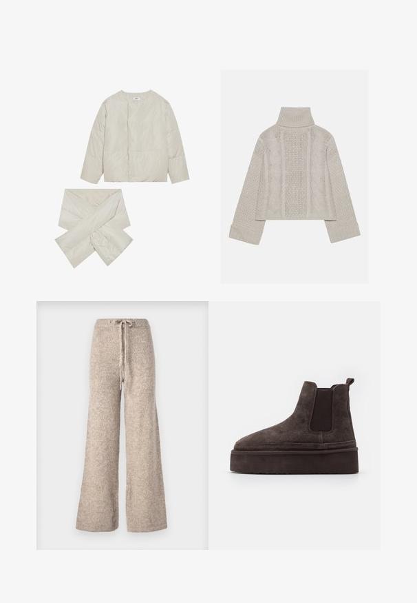Padded beige jacket with a round neck, long sleeves, and a matching scarf in a cross shape, made from a smooth, slightly glossy fabric.; Cropped, light gray knit sweater with a high collar and ribbed cuffs, featuring textured cable patterns down the back and sides.; Beige wide-leg pants made from textured knit fabric, featuring a drawstring waist and a relaxed fit.; Brown suede Chelsea boots with elastic side panels and a thick, textured platform sole. Features a pull tab at the heel for ease of wear.