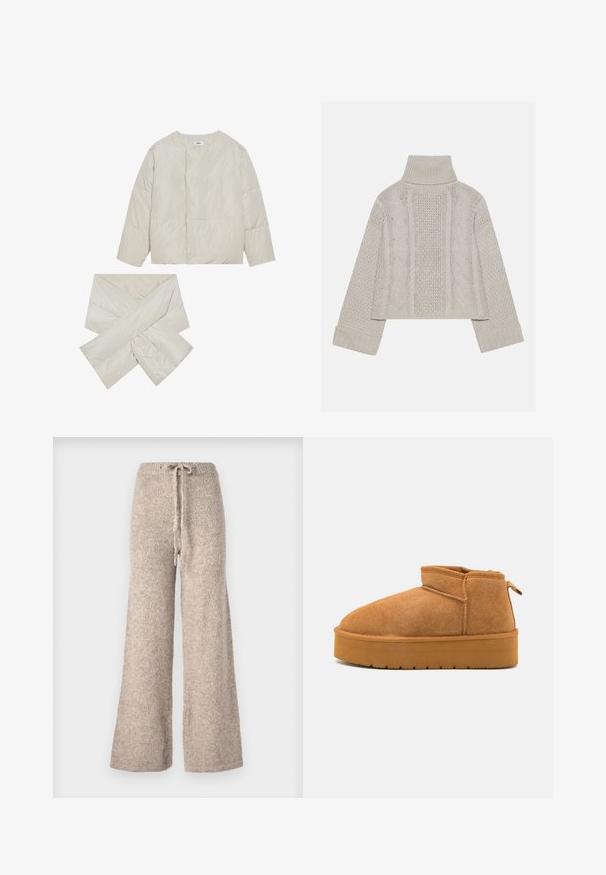 Jachetă bej căptușită cu guler rotund, mâneci lungi și o eșarfă asortată în formă de cruce, realizată dintr-un material neted și ușor lucios.; Pulover tricotat, de culoare gri deschis, cu guler înalt și manșete ribbrate, având modele texturate de cabluri pe spate și pe laturi.; Pantaloni bej cu picioare largi, confecționați dintr-un material tricotat texturat, având un talie cu șnur și o croială lejeră.; Botine din suede maron cu vârful rotunjit, un design scurt și o talpă din cauciuc texturată, având o ușoară platformă și un cordonaș pentru a fi ușor de încălțat.