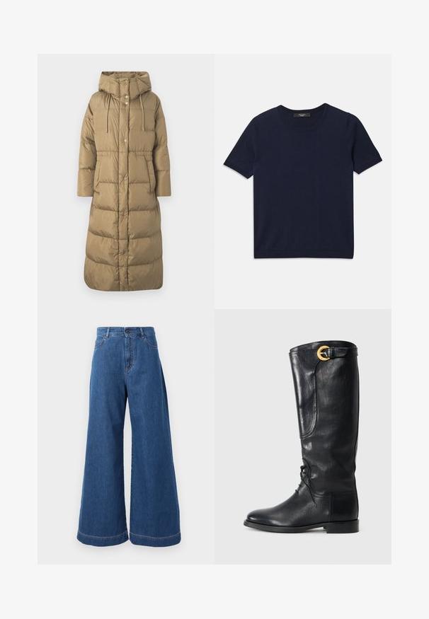 Weekend Max Mara DOLLY - Piumino lungo - cammello; T-shirt a maniche corte blu navy realizzato in tessuto morbido, con scollatura rotonda e bordi a costine, texture liscia e senza motivi visibili.; Jeans a gamba larga in denim blu medio, con vita alta, tasche frontali e cuciture a contrasto lungo le cuciture e gli orli.; Stivale nero in pelle alta fino al ginocchio con punta tonda, chiusura stringata sul davanti, dettaglio laterale e una fibbia dorata accentata nella parte superiore. Texture liscia.