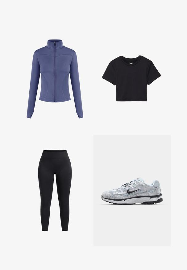 Lila idrottsjacka med hög krage, hel dragkedja fram, långa ärmar och böjda sömmar. Tillverkad av ett slätt, elastiskt tyg.; Svart kortärmad t-shirt med rund halsringning, tillverkad av mjukt material. Minimalistisk design utan synliga mönster eller detaljer.; Högmidjade svarta leggings i stretchigt material med en slät yta och ankellång passform. Inga mönster eller synliga detaljer i hårdvara.; Nike P-6000 sneakers med en ljusgrå nätövre, svarta accenter och en hållbar sula i svart gummi. Har en intrikat design och snörningssystem.