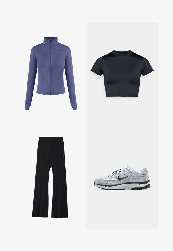Purple athletic jacket with a high collar, full front zipper, long sleeves, and curved seam details. Made from smooth, stretchy fabric.; Short-sleeve cropped top in dark navy, made of smooth, stretch fabric. Features a round neckline and minimal stitching details. No logos visible.; Black flared yoga pants in stretchy fabric, featuring a wide waistband and a small logo near the hip. Smooth texture, no patterns.; Nike P-6000 sneakers with a light grey mesh upper, black accents, and a durable black rubber sole. Features intricate design and lacing system.