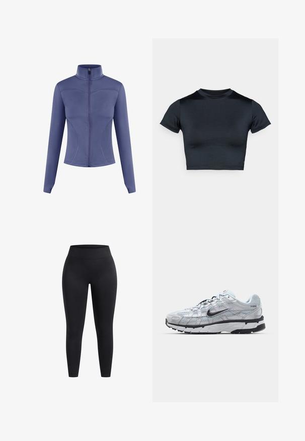 Lila Sportjacke mit hohem Kragen, durchgehendem Reißverschluss, langen Ärmeln und geschwungenen Nahtdetails. Hergestellt aus glattem, elastischem Stoff.; Kurzärmeliges, bauchfreies Top in Dunkelblau, hergestellt aus glattem, elastischem Stoff. Verfügt über einen runden Ausschnitt und minimale Nahtdetails. Keine sichtbaren Logos.; Hochbundige schwarze Leggings aus dehnbarem Stoff mit glatter Oberfläche und knöchellanger Passform. Keine Muster oder sichtbaren Hardwaredetails.; Nike P-6000 Sneakers mit einem Obermaterial aus leichtem grauem Mesh, schwarzen Akzenten und einer langlebigen schwarzen Gummisohle. Verfügt über ein komplexes Design und ein Schnürsystem.