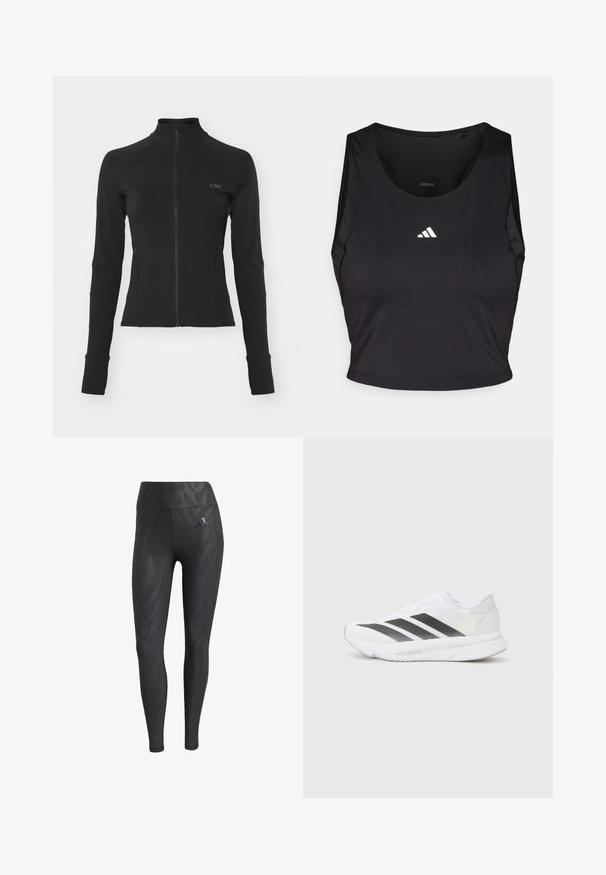 Melna zipa jaka ar augstu apkakli, garām piedurknēm un pieguļošu dizainu. Izgatavota no elastīga auduma ar mazu logo uz krūtīm.; Melnā sporta kroplaka, izgatavota no mitruma noņemšanas auduma, ar apaļu kakla izgriezumu, bez piedurknēm un baltu emblēmu uz krūtīm.; Melni legingi ar toņa zebru rakstu, augsta vidukļa, gluda tekstūra un Adidas logo uz kreisā gurnā. Izgatavoti no elastīga auduma.; Baltas sporta apavs ar melniem diagonāliem svītrām, sieta augšdaļa, noapaļota purngalu forma un teksturēta zole. Akcenti ietver sudraba papēdi un minimālistisku dizainu.