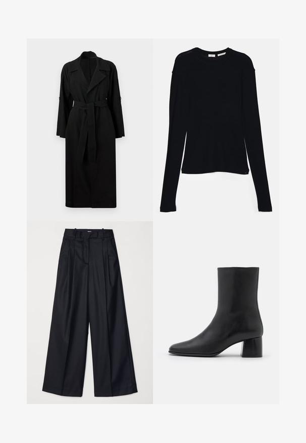 Trench coat preto feito de tecido leve, com colarinho, mangas longas, cinta dianteira com laço e detalhes em botão nas mangas.; Top preto de manga longa feito de tecido suave, com decote redondo e um corte relaxado, apresentando aberturas laterais na barra para facilitar os movimentos.; Calças largas pretas feitas de um tecido suave, com uma cintura alta, plissados e um design sob medida. Acessórios pretos simples na cintura.; Botim de pele preta até ao tornozelo com biqueira pontiaguda e salto quadrado robusto. Textura suave com um design sem costuras e costura minimalista.