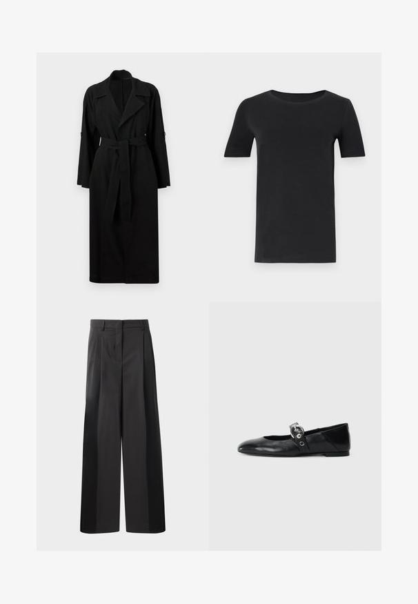 Čierny trench coat vyrobený z ľahkej látky, s golierom, dlhými rukávmi, predným opaskom na viazanie a gombíkovými detailmi na rukávoch.; Čierne tričko s krátkym rukávom vyrobené z jemného bavlneného materiálu, s okrúhlym výstrihom a klasickým strihom. Hladká textúra, bez vzorov alebo dekoratívnych prvkov.; Čierne široké nohavice s vysokým pásom, so záhybmi vpredu, hladkou textúrou a prispôsobeným strihom. Navrhnuté pre uvoľnený strih.; Čierne kožené baletky s špicatou špičkou, so pásikom s okrúhlou kovovou sponou a plochou podrážkou.