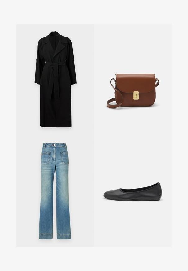 Černý trenčkot vyrobený z lehké tkaniny, s límcem, dlouhými rukávy, předním vázáním na opasek a knoflíkovými detaily na rukávech.; Bílá tričko s krátkým rukávem vyrobené z žebrované tkaniny. Kulatý výstřih, normální střih a jemné detaily šití. Bez vzorů nebo grafik.; Světle modré džíny s rozšířenými nohavicemi, pěti kapsami, poutky na opasek, zapínáním na knoflík a mírně vybledlou texturou, s červeným logem na zadní straně.; Černé kožené baletní byty s kulatou špičkou, hladkou texturou, minimálními švy a flexibilním designem podrážky.; Hnědá kožená kabelka s klopou, zlatými kovovými detaily, ramenním popruhem a hladkým povrchem. Kompaktní obdélníkový tvar.