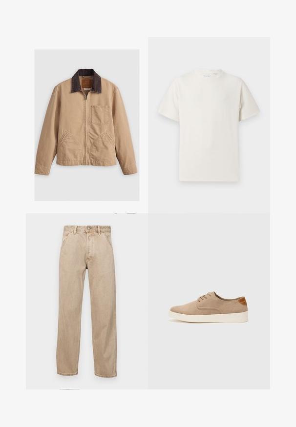 Pamučna jakna u boji tamnog beža s tamnosmešnim kordura ovratnikom, zatvaranjem na zip i dvije zakrivljene prednje džepove; sadrži džep na grudima i teksturiranu tkaninu.; Bijela kratka majica s kratkim rukavima u rebrastoj teksturi. Okrugli izrez, ležeran kroj, bez vidljivih uzoraka ili akcenta. Jednostavan i svestran dizajn.; Bež teksas traperice ravnog kroja, s prednjim džepovima, metalnim zakopčavanjem i suptilnom teksturom.; Bež nubuk tenisice s okruglim vrhom, vezanjem sprijeda i teksturiranim stražnjim naglaskom. Bijela gumena potpetica pruža kontrast. Jednostavan i moderan dizajn.