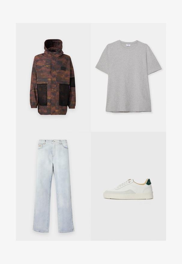 Water-resistant jacket in a brown and black camo pattern. Features mesh pockets and a drawstring hood. Lightweight with elastic cuffs.; Gray short-sleeve T-shirt made from soft, textured fabric. Features a classic crew neck and a straight hem, suitable for casual wear.; Light blue denim jeans with a straight leg design, featuring a button closure, five pockets, and contrast stitching.; White sneaker with suede accents, rounded toe, flat laces, and a cream rubber sole. Features green branding on the heel.