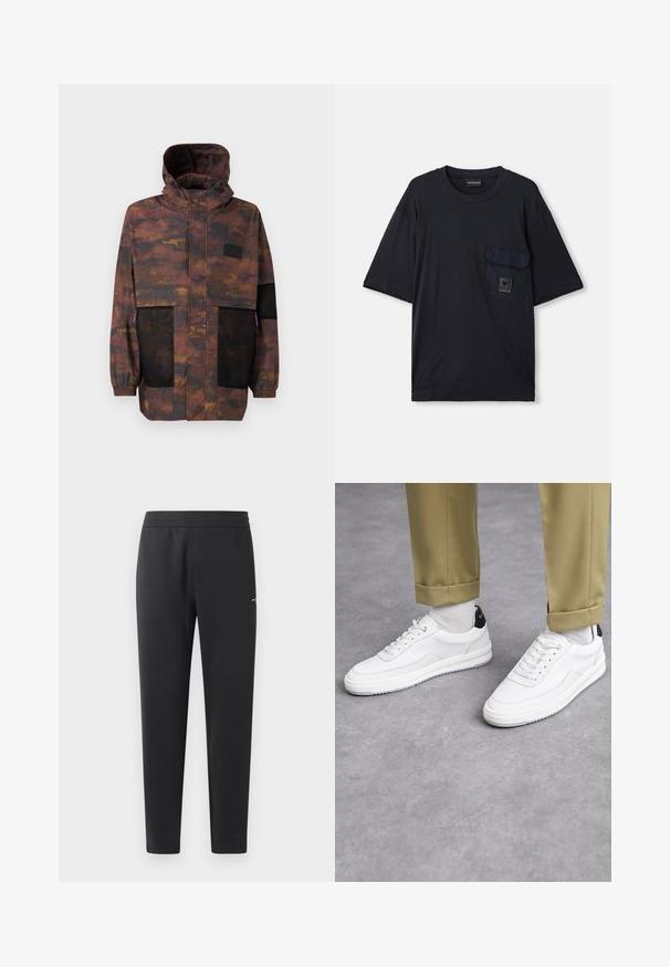 Vattenavvisande jacka i ett brunt och svart kamouflage-mönster. Har meshfickor och en justerbar huva. Lättviktsdesign med elastiska ärmslut.; Svart kortärmad T-shirt med rund halsringning och en ficka på vänster bröst som har ett litet rektangulärt logomärke.; Svarta joggingbyxor i mjukt tyg, med elastisk midja, raka ben och en liten logotypdetalj på sidan.; Vita sneakers med en texturerad läderfinish, rund tå och svart häldetalj. Gummisul med litet mönster och sydd detalj.