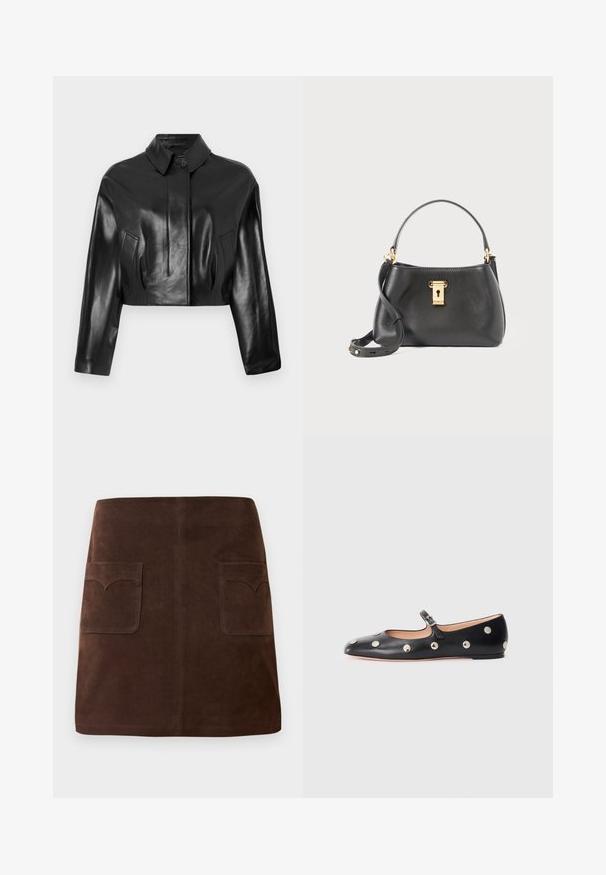 Juodas odinis trumpas švarkas su smailiu apykakle, priekiniais užsegimais ir šoninėmis kišenėmis. Turintis glotnią tekstūrą ir pritaikytą dizainą.; Kreminė kabelinė megztinė su apykakle, keturių mygtukų užsegimu, galuotais rankogaliais ir mažu logotipu ant apdailos.; Ruda veliūrinė sijonas, pasižymintis klasikinio A formos siluetu, dviem priekinėmis kišenėmis su apvaliais uždangaliukais ir subtiliais siuvinėjimo akcentais.; Juodų odinių Mary Jane plokščių batų su apvaliu pirštu, papuoštų sidabriniais apvaliais nagais ir reguliuojamu dirželiu su sagtimi.; Juodas odinis rankinukas su tekstūruotu paviršiumi, turintis auksinę spynos uždarymą, trumpą rankeną ir nuimamą peties diržą.