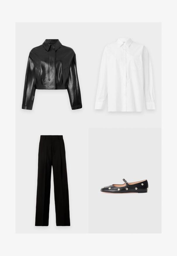 Giacca cropped in pelle nera con colletto a punta, chiusura frontale con bottoni e tasche laterali. Presenta una texture liscia e un design su misura.; Camicia bianca a maniche lunghe in cotone, con colletto classico, chiusura a bottoni e una tasca singola sul lato sinistro.; Pantaloni neri a gamba larga realizzati in tessuto morbido, con vita alta, pieghe frontali e un design pulito e sartoriale senza decorazioni.; Scarpa flat nera in pelle tipo Mary Jane con punta arrotondata, caratterizzata da borchie circolari argentate e una fascia regolabile con fibbia.