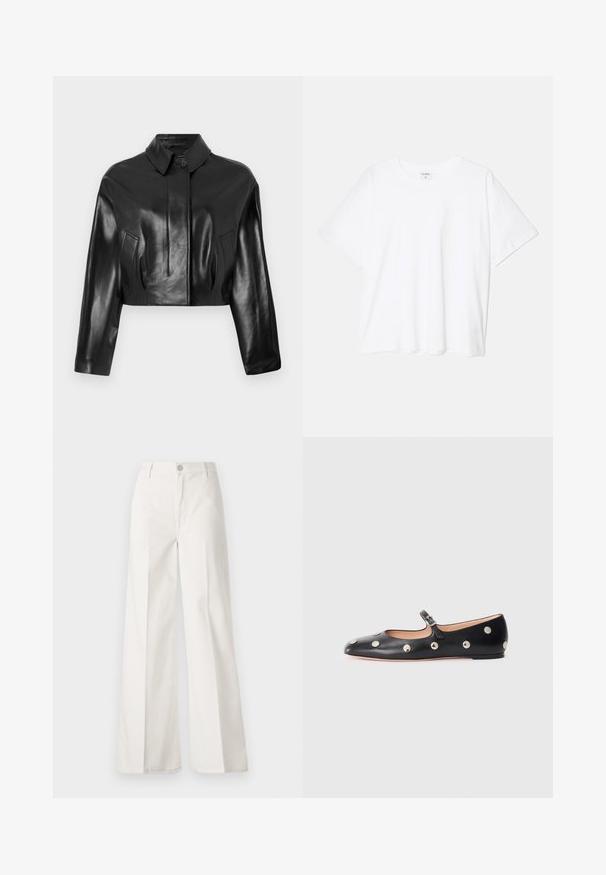 Čierna kožená skrátená bunda s špicatým golierom, predným zapínaním na gombíky a bočnými vreckami. Má hladkú textúru a prešívaný dizajn.; Biely bavlnený tričko s krátkymi rukávmi, okrúhlym výstrihom, voľným strihom a prešitým lemom. Štítok viditeľný na vnútornom krku.; Biele široké nohavice vyrobené z bavlny s hladkou textúrou. Obsahujú predný gombík, zips a dizajn so štyrmi vreckami.; Čierne kožené baleríny typu Mary Jane s okrúhlou špičkou, so striebornými kruhovými cvokmi a nastaviteľným remienkom so sponou.